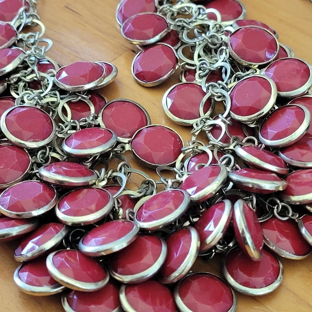 Chunky Faceted Bib Necklace Pair Black Red Cabochon Statement 20 Inch Lot Vtg